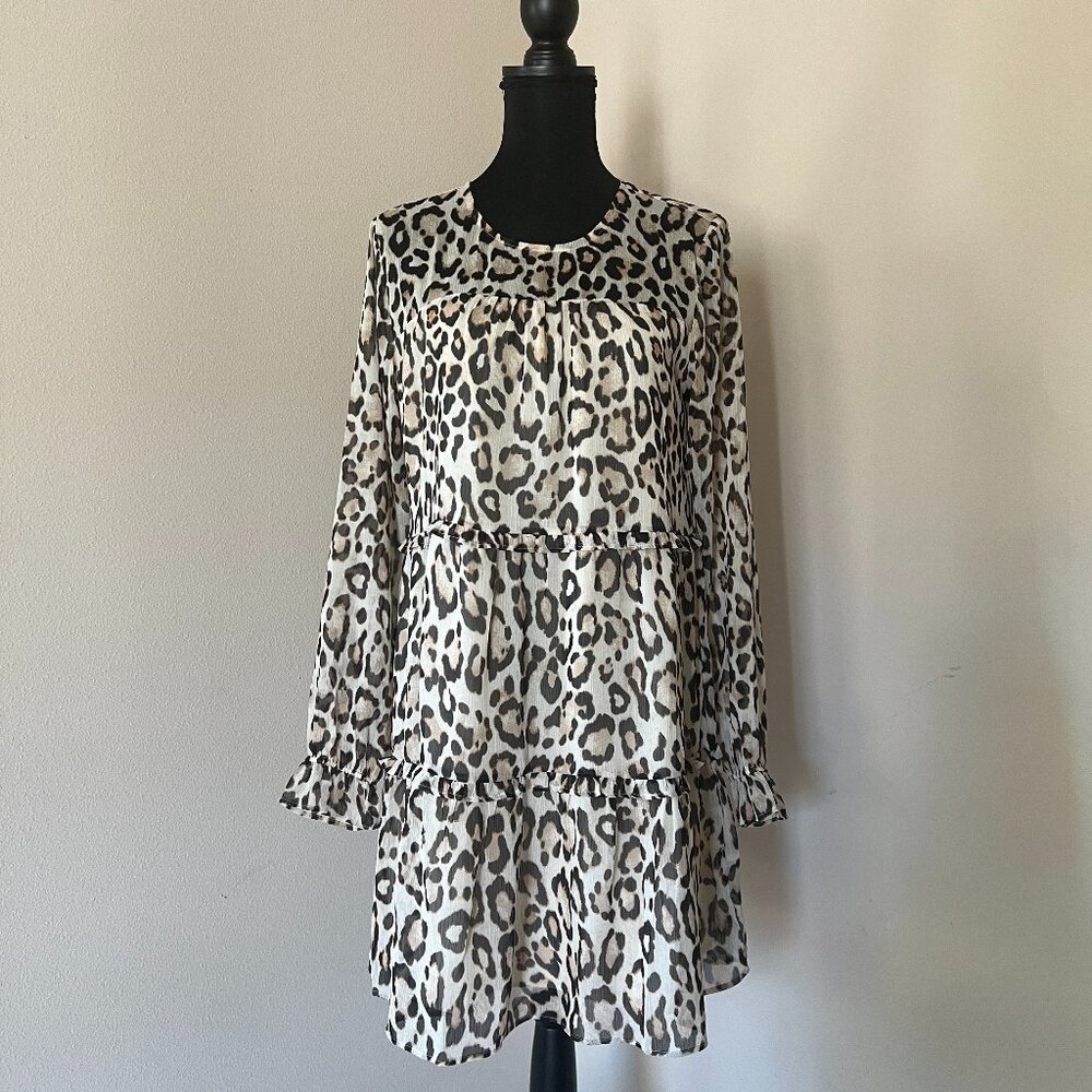 Ann Taylor LOFT Leopard Print Ruffled Tiered Dress - Cream Gold Brown - Size M